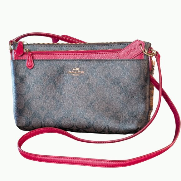 Coach Handbags - COACH, EAST/WEST Crossbody With Pop Out Pouch, EUC, Red/Brown Signature, F58316
